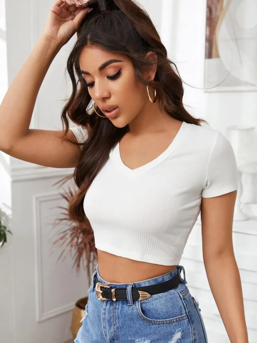 White V-Neck Crop Top - Image 2