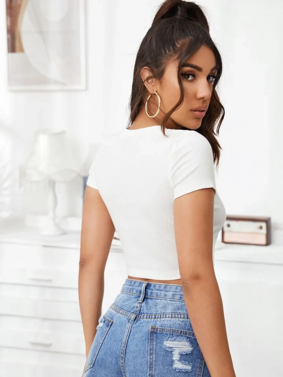 White V-Neck Crop Top - Image 3